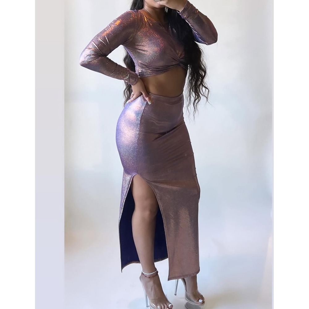 Sparkly Two-Piece Set Long Sleeve‎ Crop Top Slit Skirt Party Outfit Small